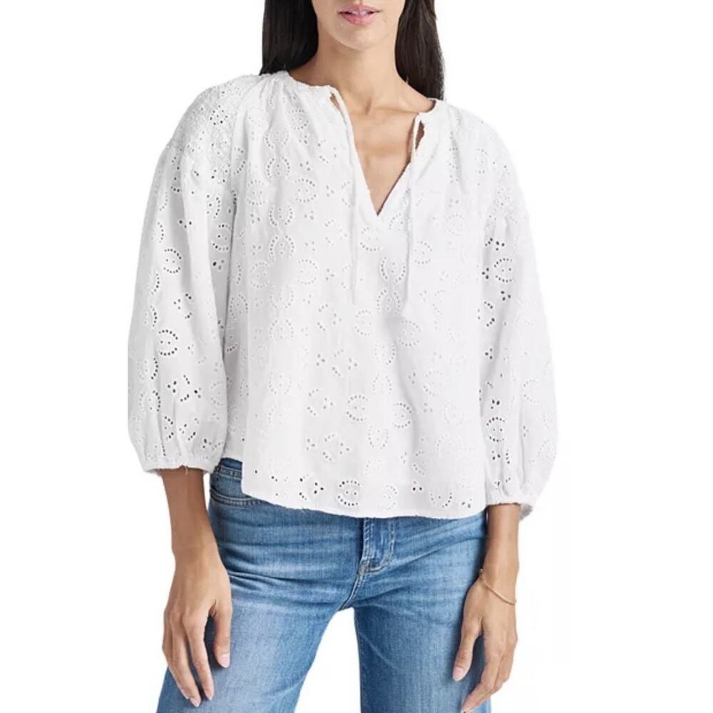 Splendid Taylor Eyelet Keyhole Neck Puff Sleeve Blouse Top White Large